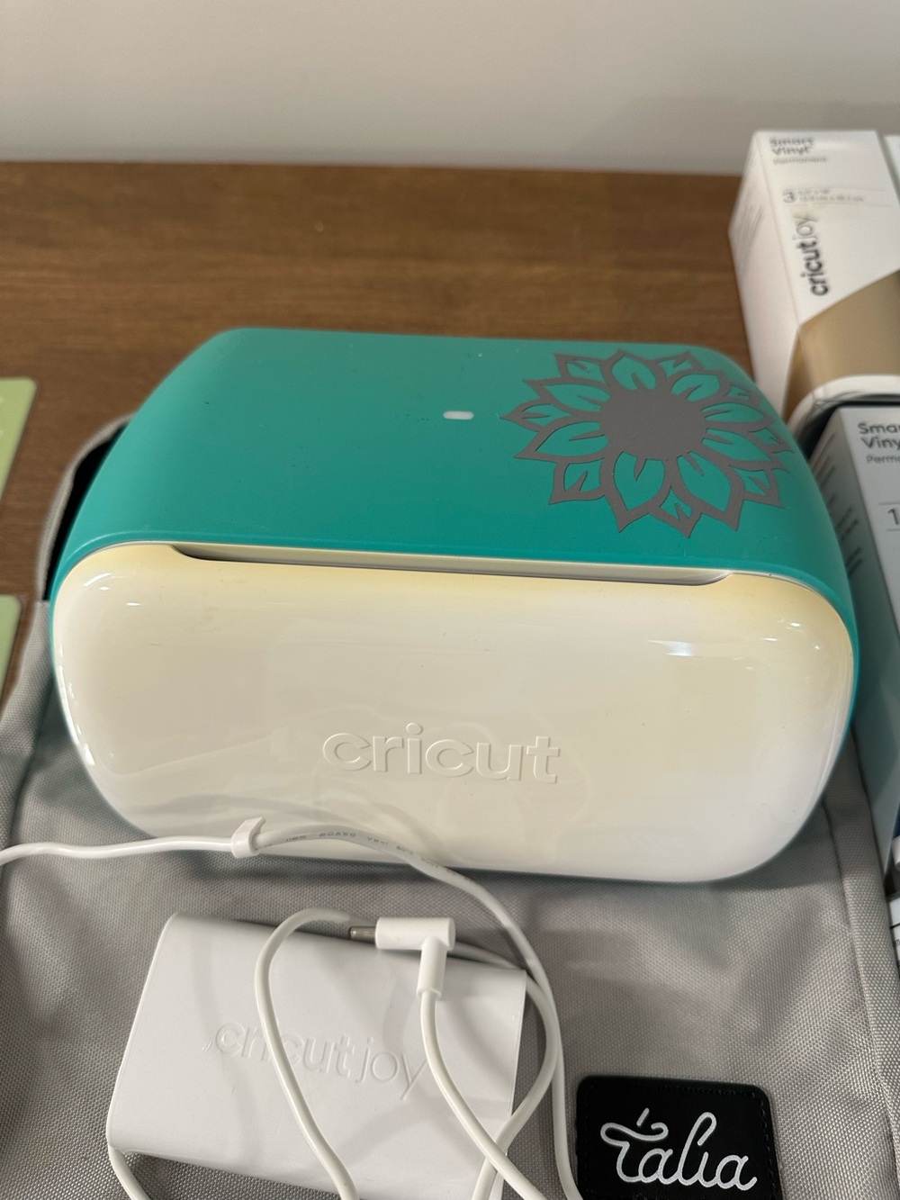 Cricut Joy Cutting Machine in Teal and White with Gray Floral Decal
